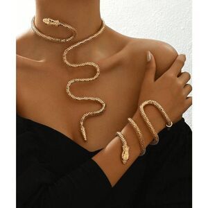 ✨🐍 2PCS Gold Snake Bendable Design Blingy Statement Bracelet & Necklace Set NEW
